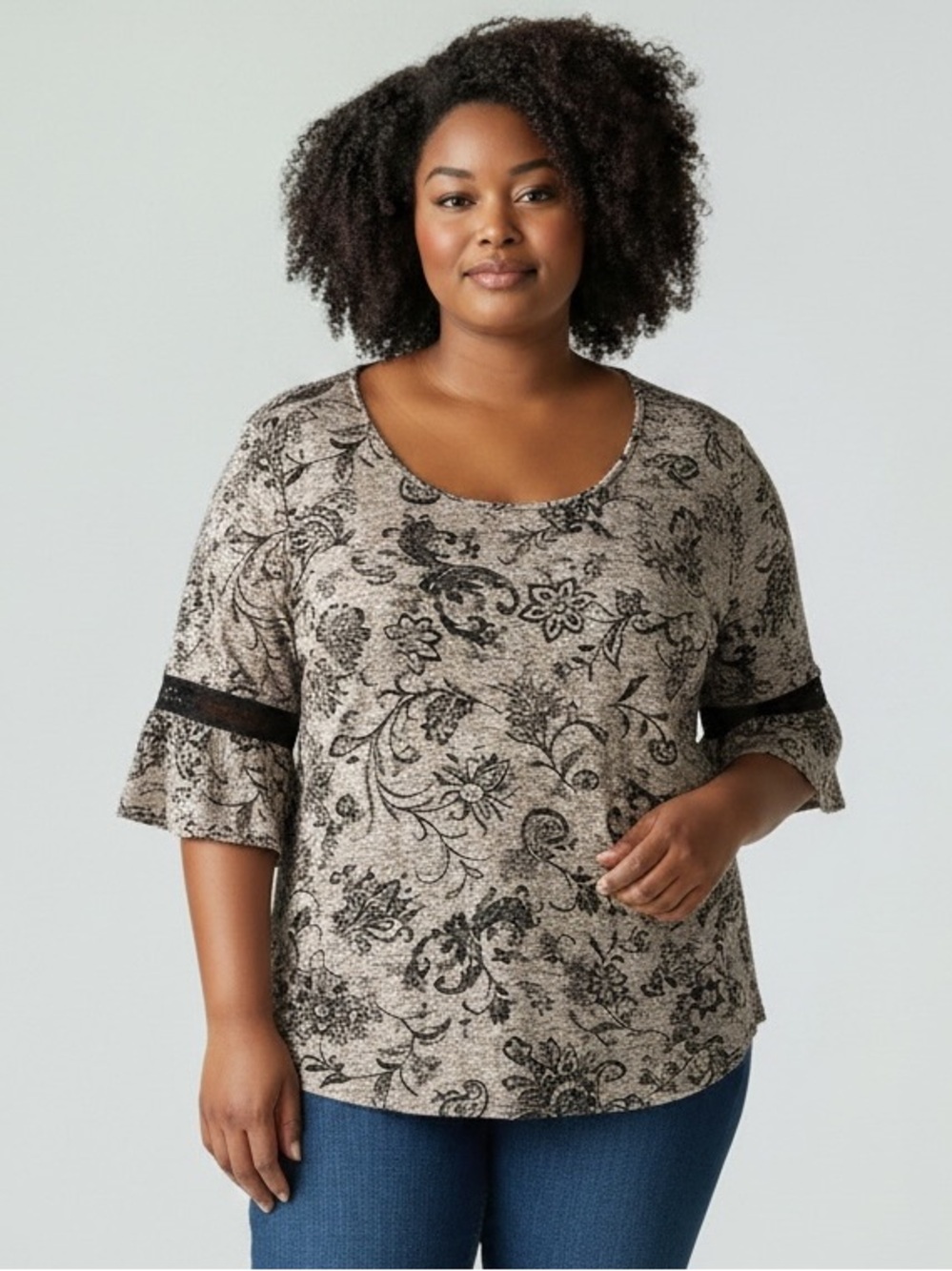 Plus-Size Floral-Print Short Sleeve Tunic Top - Beige/Black